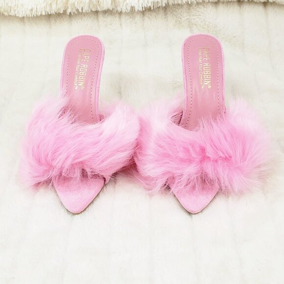 Furry Pointy Toe Slip On Gold Tone Slim Heels Pink Fuji - Picture 11 of 14